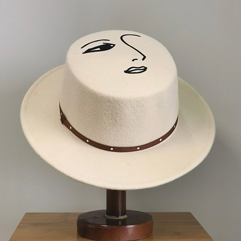 100% wool Brown color face design flat top Fedora hat - Picture 2 of 9